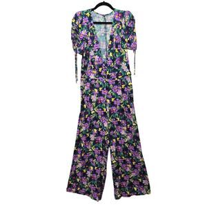 Floral Jumpsuit Womens Large Wide Leg Pockets Short Sleeve Boho Romper Playsuit